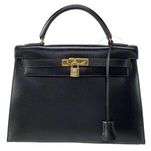Auth HERMES Kelly 32 - Black Box Calf Circle V Handbag